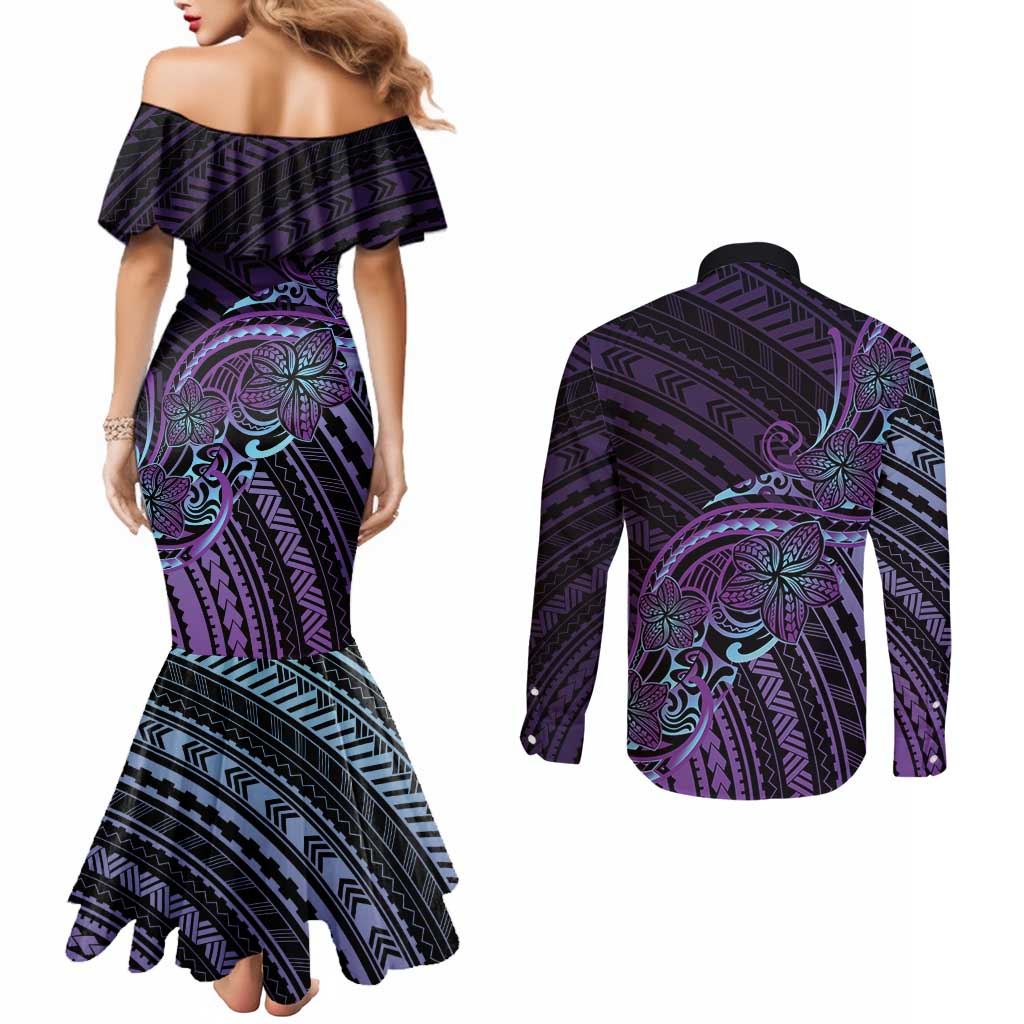 Teal Purple Polynesia Plumeria Tattoo Couples Matching Mermaid Dress and Long Sleeve Button Shirt