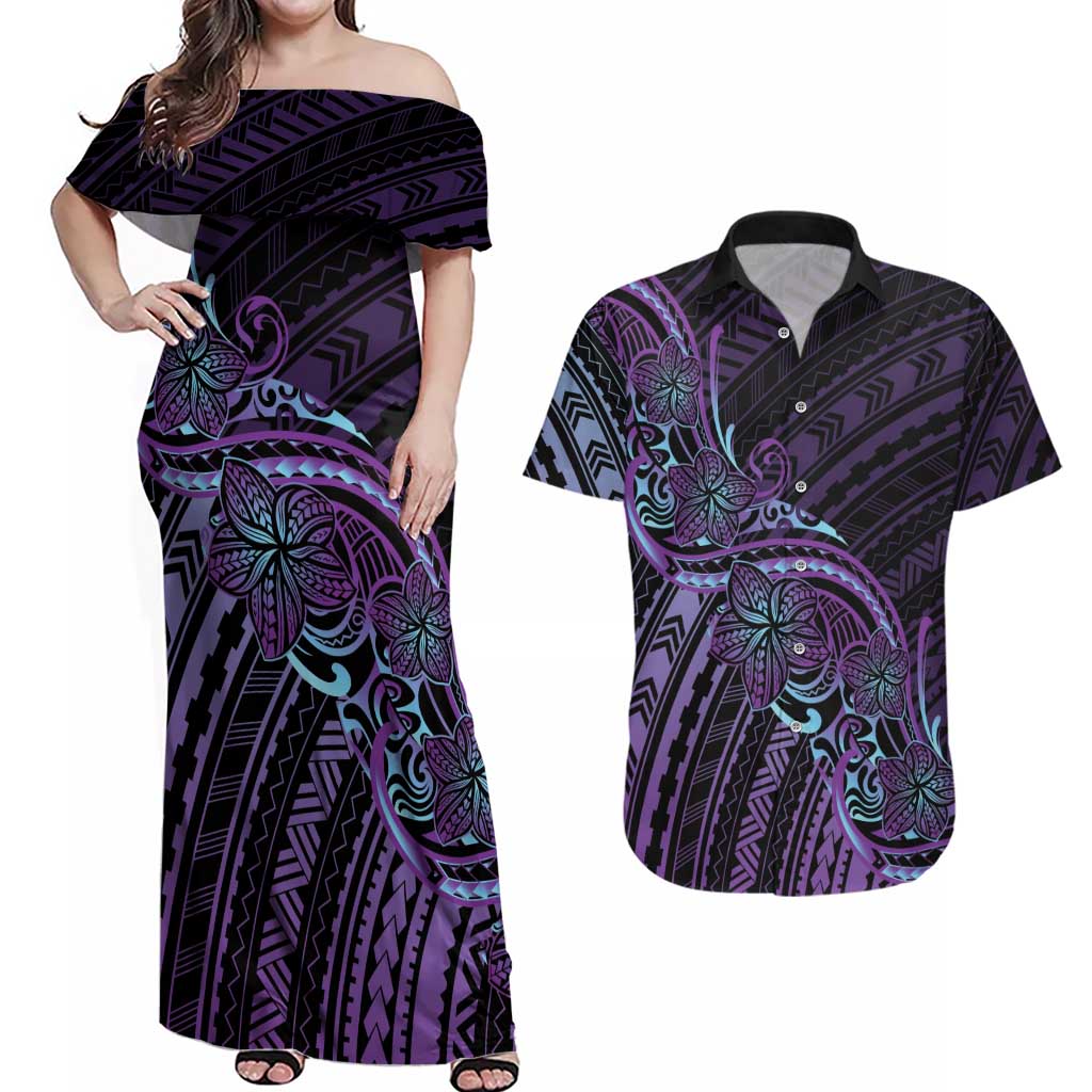 Teal Purple Polynesia Plumeria Tattoo Couples Matching Off Shoulder Maxi Dress and Hawaiian Shirt LT14 Purple - Polynesian Pride