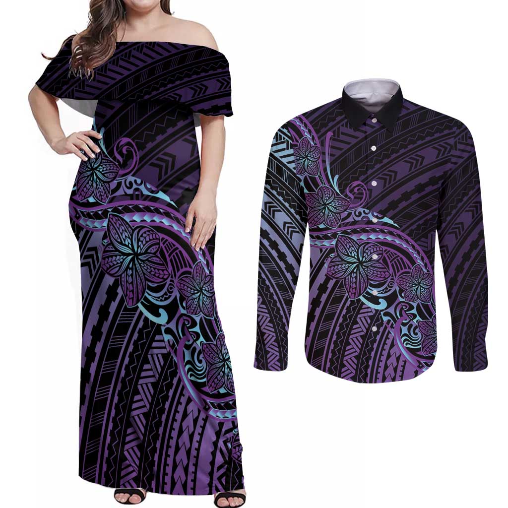 Teal Purple Polynesia Plumeria Tattoo Couples Matching Off Shoulder Maxi Dress and Long Sleeve Button Shirt