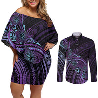 Teal Purple Polynesia Plumeria Tattoo Couples Matching Off Shoulder Short Dress and Long Sleeve Button Shirt