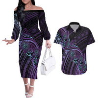 Teal Purple Polynesia Plumeria Tattoo Couples Matching Off The Shoulder Long Sleeve Dress and Hawaiian Shirt LT14 Purple - Polynesian Pride