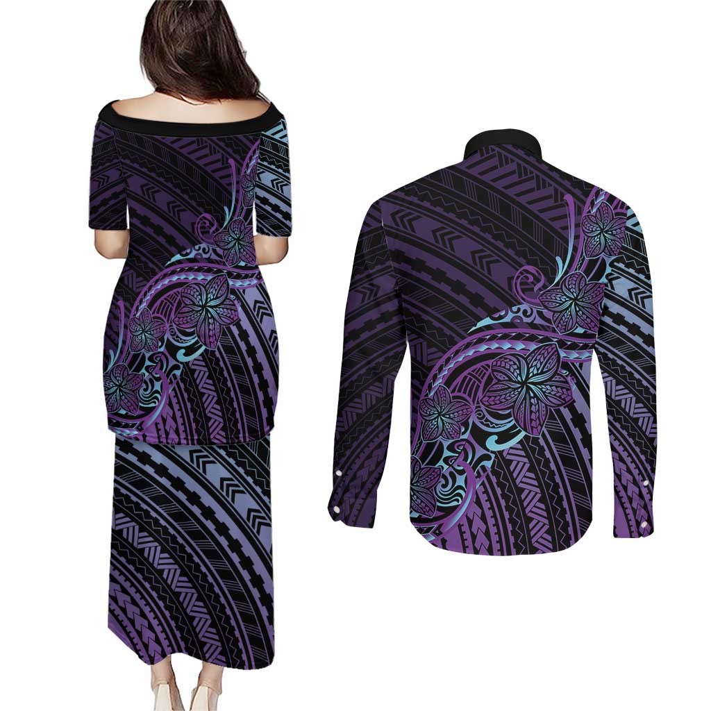 Teal Purple Polynesia Plumeria Tattoo Couples Matching Puletasi and Long Sleeve Button Shirt