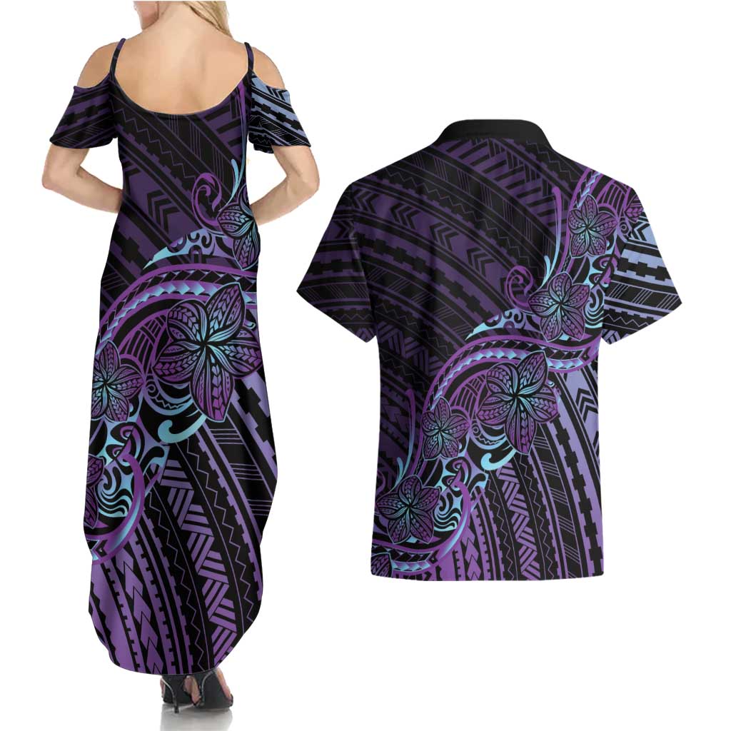 Teal Purple Polynesia Plumeria Tattoo Couples Matching Summer Maxi Dress and Hawaiian Shirt LT14 - Polynesian Pride