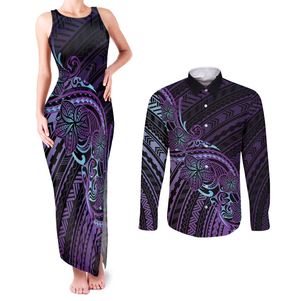 Teal Purple Polynesia Plumeria Tattoo Couples Matching Tank Maxi Dress and Long Sleeve Button Shirt LT14 Purple - Polynesian Pride