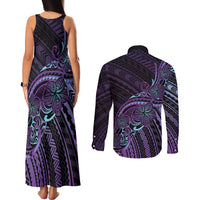 Teal Purple Polynesia Plumeria Tattoo Couples Matching Tank Maxi Dress and Long Sleeve Button Shirt LT14 - Polynesian Pride