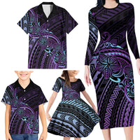 Teal Purple Polynesia Plumeria Tattoo Family Matching Long Sleeve Bodycon Dress and Hawaiian Shirt