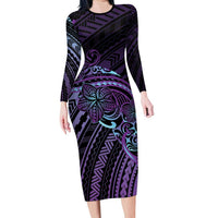 Teal Purple Polynesia Plumeria Tattoo Family Matching Long Sleeve Bodycon Dress and Hawaiian Shirt