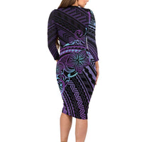 Teal Purple Polynesia Plumeria Tattoo Family Matching Long Sleeve Bodycon Dress and Hawaiian Shirt