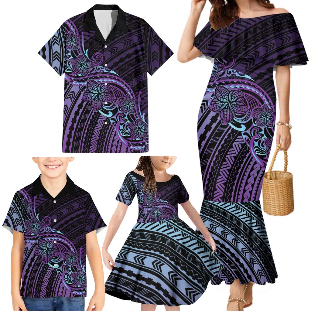 Teal Purple Polynesia Plumeria Tattoo Family Matching Mermaid Dress and Hawaiian Shirt