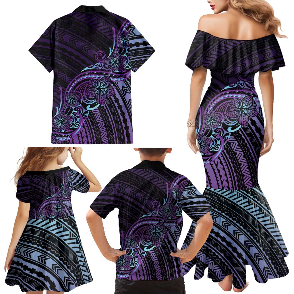 Teal Purple Polynesia Plumeria Tattoo Family Matching Mermaid Dress and Hawaiian Shirt