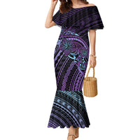 Teal Purple Polynesia Plumeria Tattoo Family Matching Mermaid Dress and Hawaiian Shirt