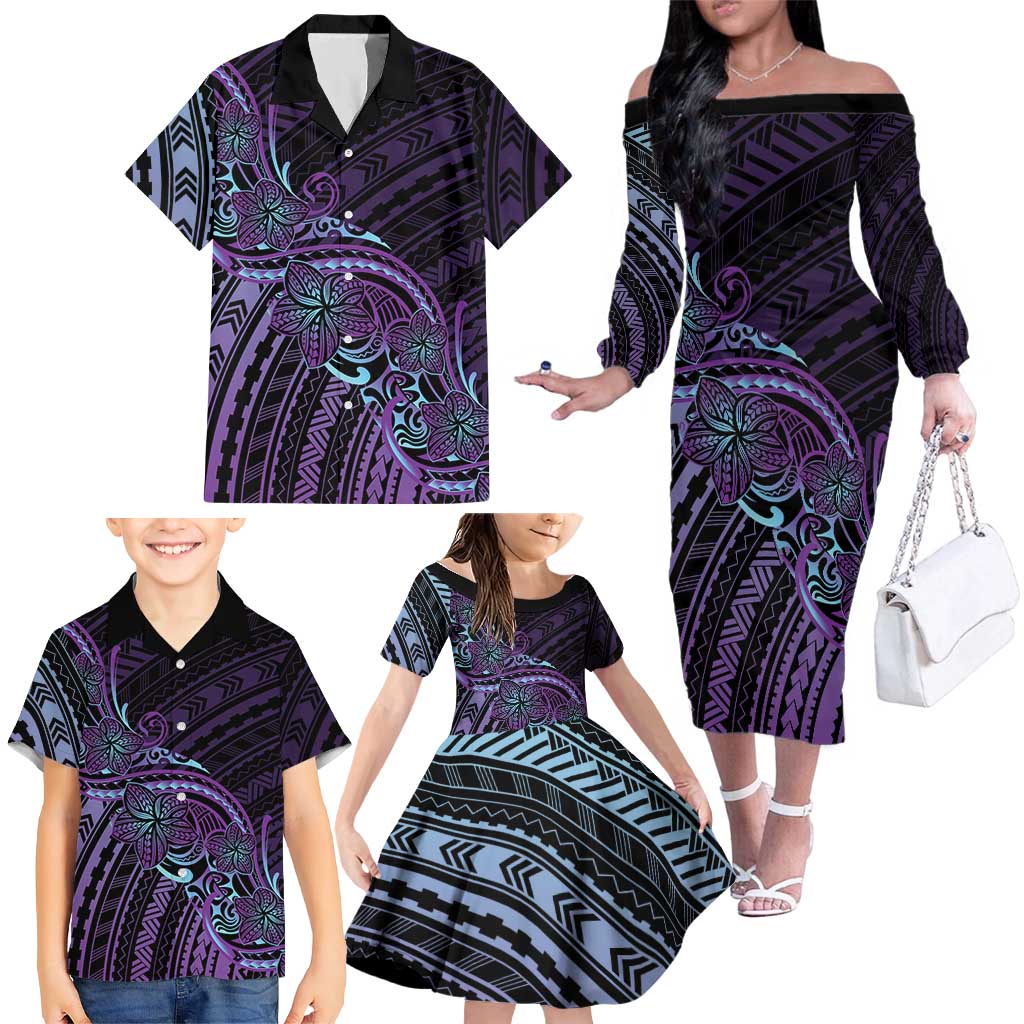 Teal Purple Polynesia Plumeria Tattoo Family Matching Off The Shoulder Long Sleeve Dress and Hawaiian Shirt LT14 - Polynesian Pride