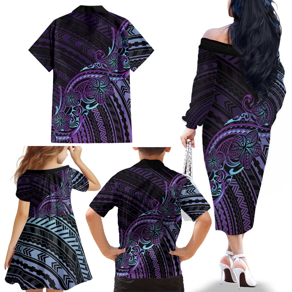 Teal Purple Polynesia Plumeria Tattoo Family Matching Off The Shoulder Long Sleeve Dress and Hawaiian Shirt LT14 - Polynesian Pride
