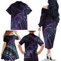 Teal Purple Polynesia Plumeria Tattoo Family Matching Off The Shoulder Long Sleeve Dress and Hawaiian Shirt LT14 - Polynesian Pride