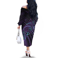 Teal Purple Polynesia Plumeria Tattoo Family Matching Off The Shoulder Long Sleeve Dress and Hawaiian Shirt LT14 - Polynesian Pride