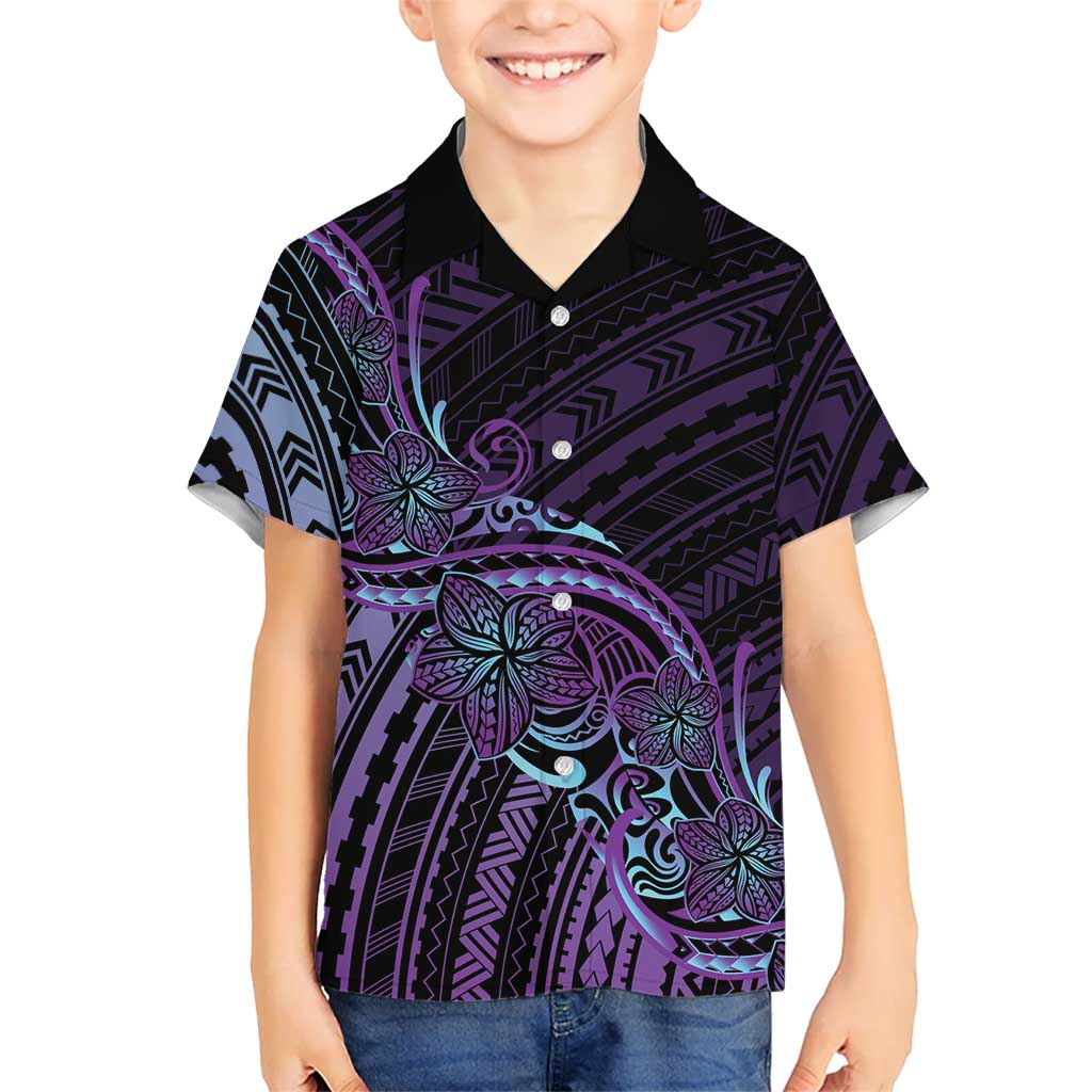 Teal Purple Polynesia Plumeria Tattoo Family Matching Off The Shoulder Long Sleeve Dress and Hawaiian Shirt LT14 Son's Shirt Purple - Polynesian Pride