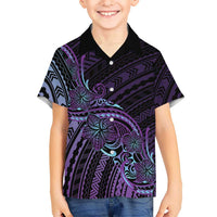 Teal Purple Polynesia Plumeria Tattoo Family Matching Off The Shoulder Long Sleeve Dress and Hawaiian Shirt LT14 Son's Shirt Purple - Polynesian Pride