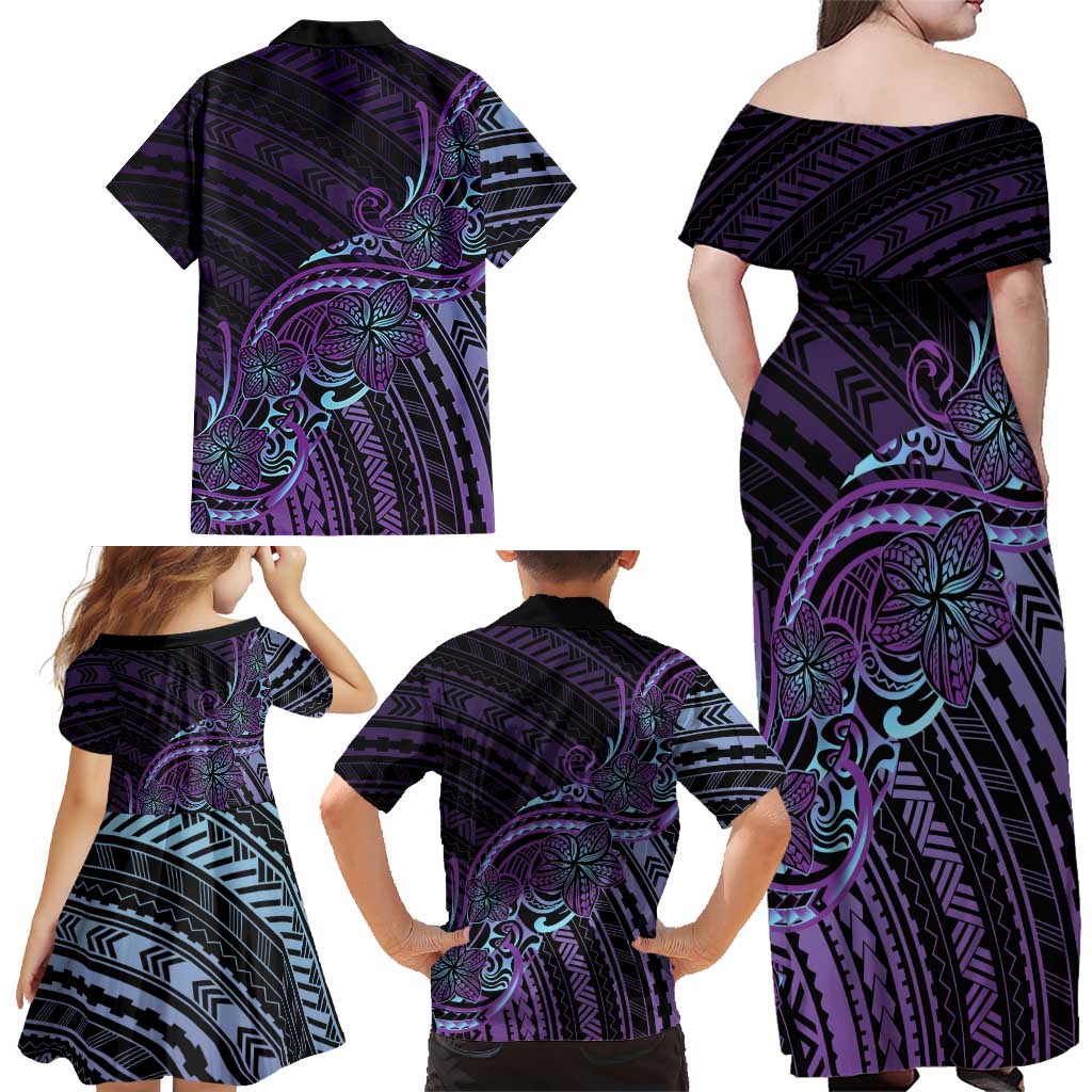 Teal Purple Polynesia Plumeria Tattoo Family Matching Off Shoulder Maxi Dress and Hawaiian Shirt LT14 - Polynesian Pride