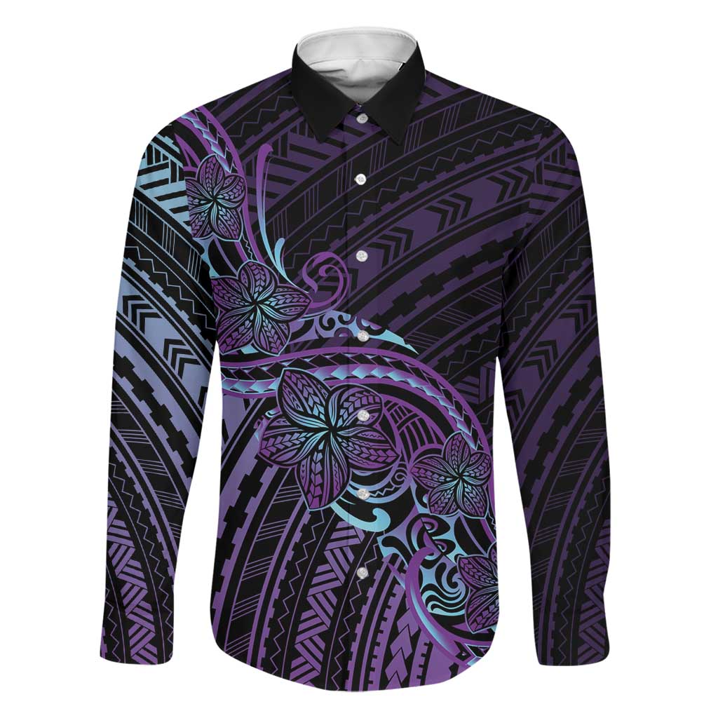 Teal Purple Polynesia Plumeria Tattoo Family Matching Off Shoulder Maxi Dress and Hawaiian Shirt LT14 Dad's Shirt - Long Sleeve Purple - Polynesian Pride