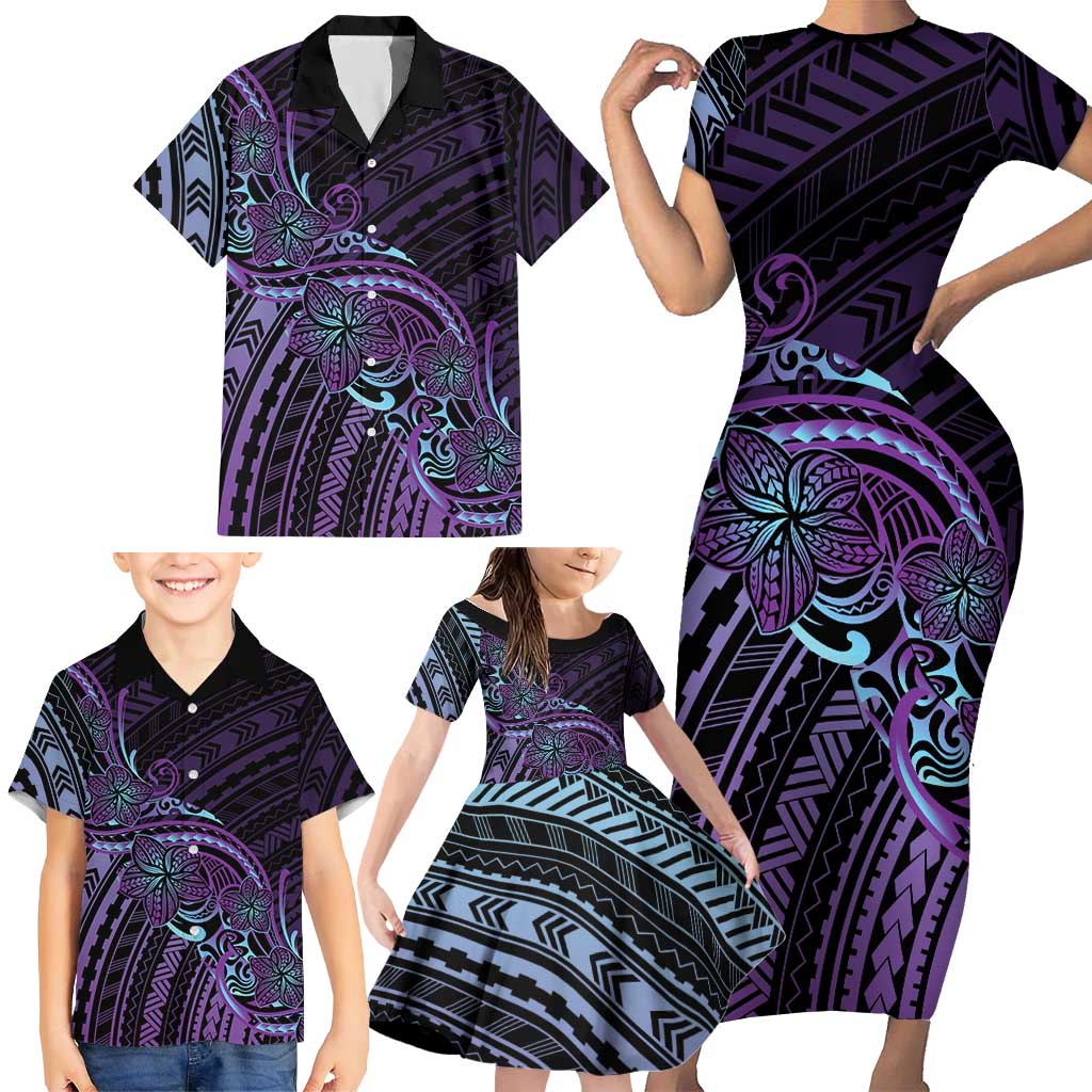 Teal Purple Polynesia Plumeria Tattoo Family Matching Short Sleeve Bodycon Dress and Hawaiian Shirt
