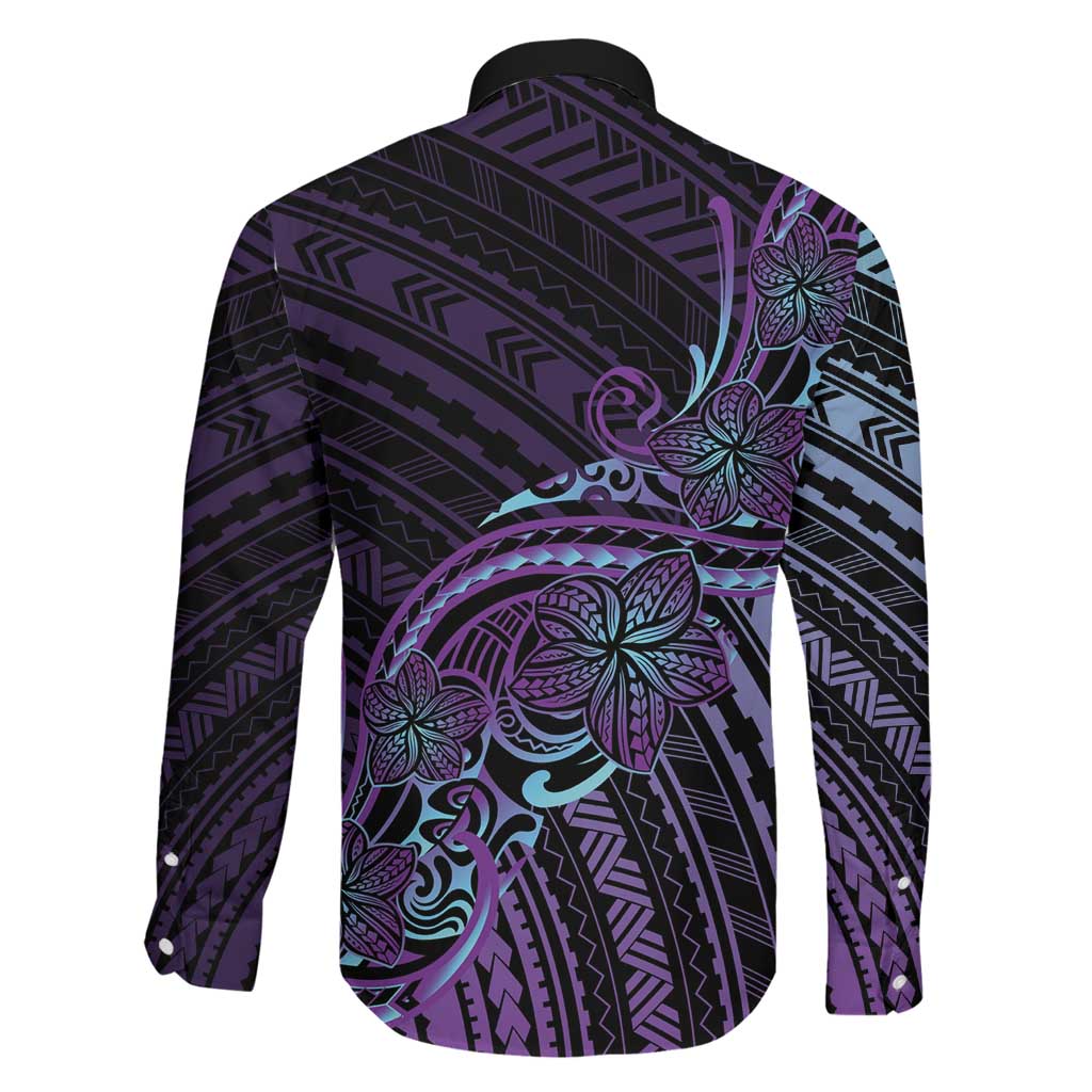 Teal Purple Polynesia Plumeria Tattoo Family Matching Short Sleeve Bodycon Dress and Hawaiian Shirt