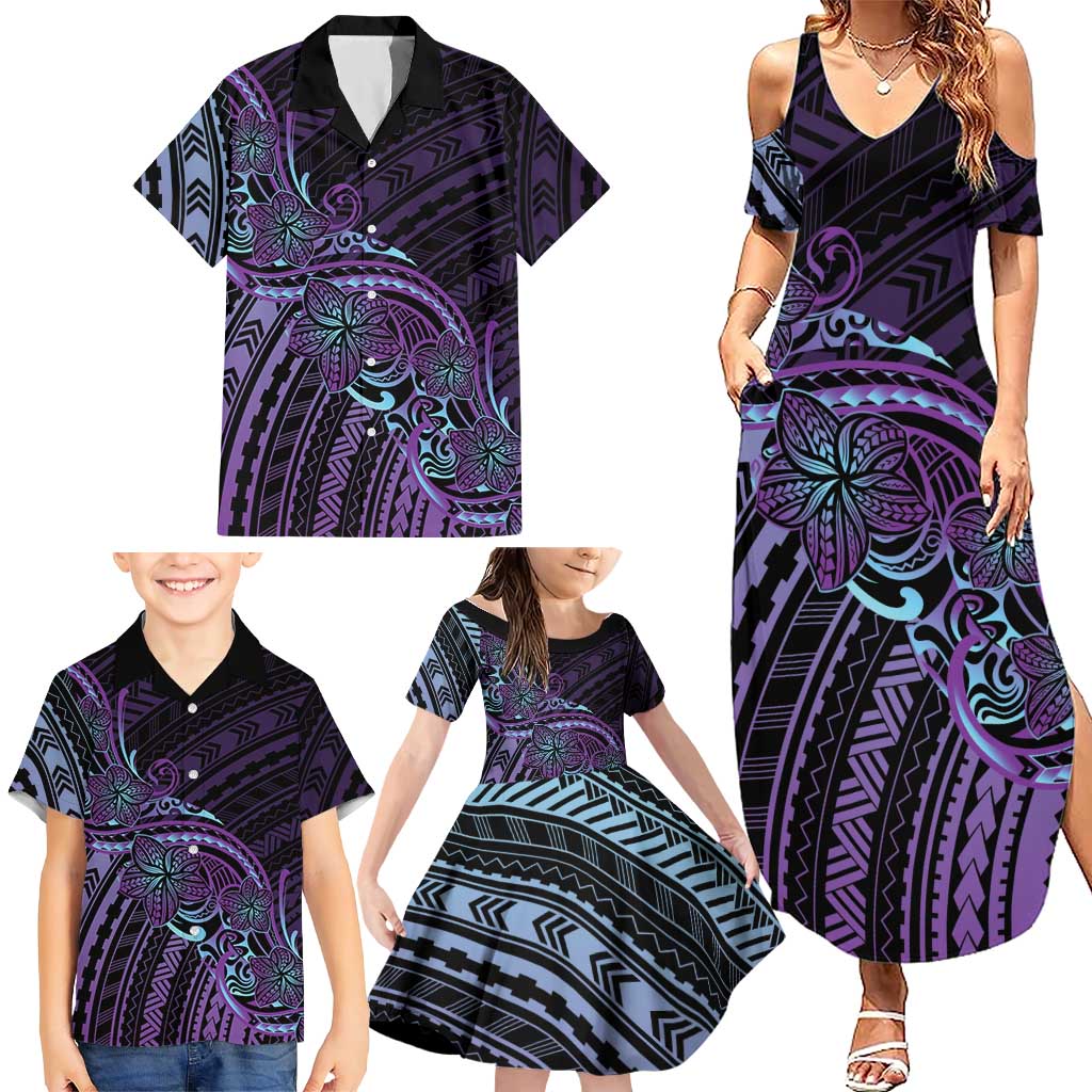 Teal Purple Polynesia Plumeria Tattoo Family Matching Summer Maxi Dress and Hawaiian Shirt LT14 - Polynesian Pride