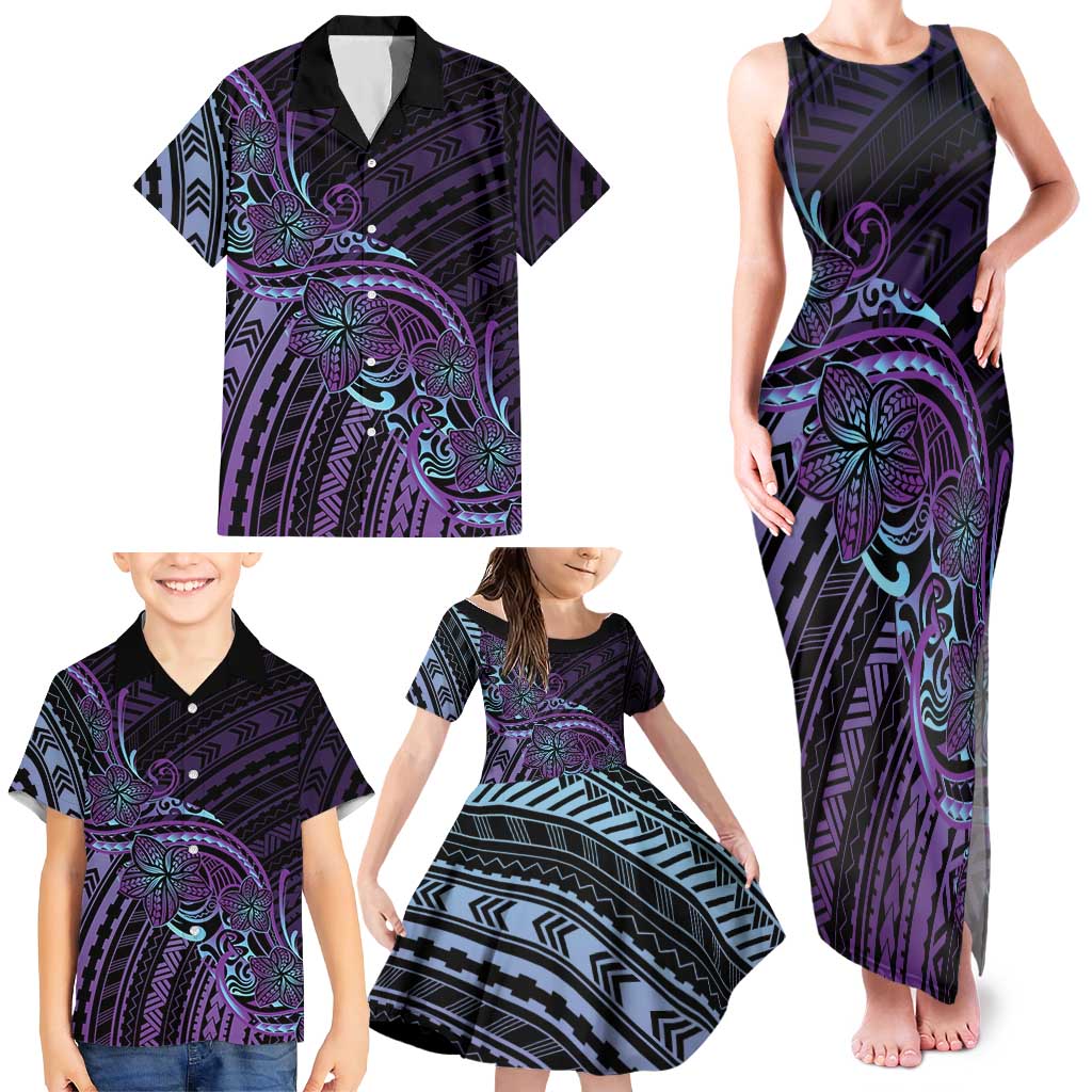 Teal Purple Polynesia Plumeria Tattoo Family Matching Tank Maxi Dress and Hawaiian Shirt