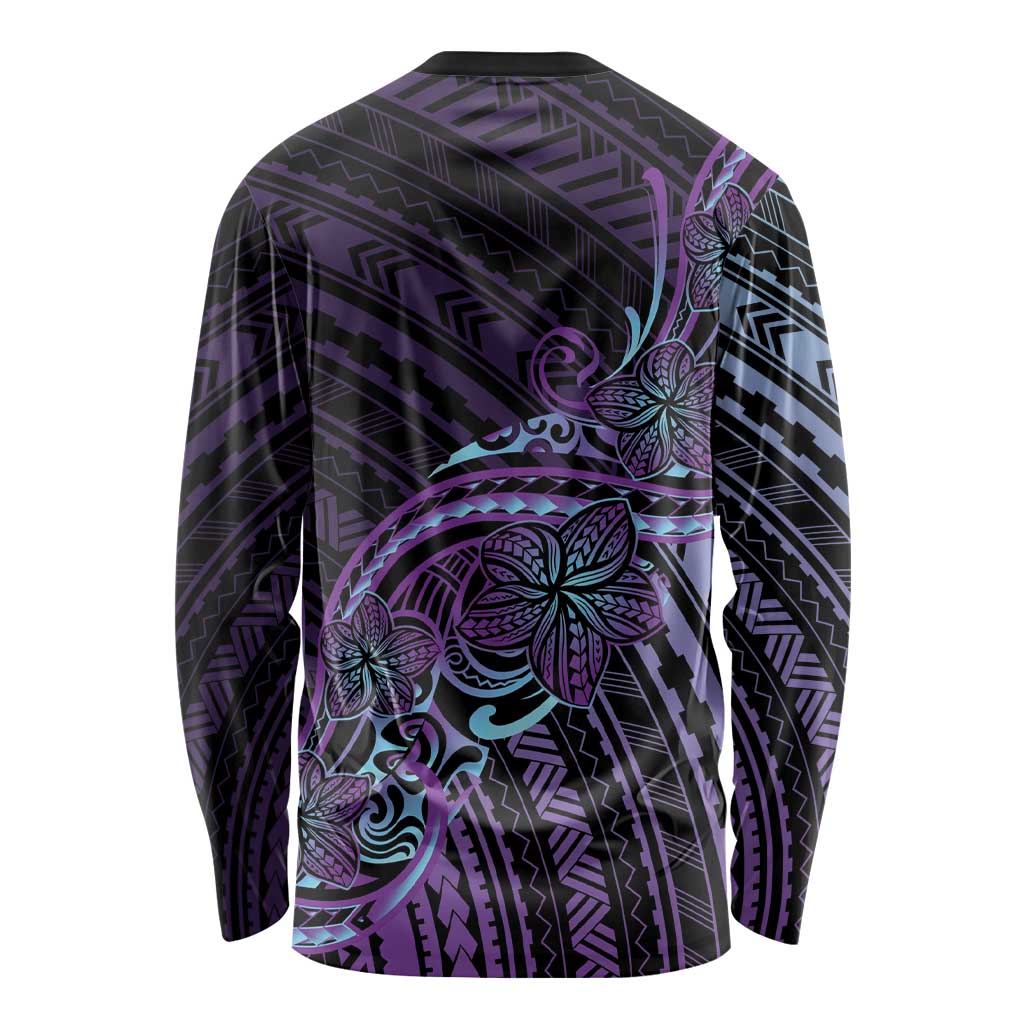 Teal Purple Polynesia Plumeria Tattoo Long Sleeve Shirt