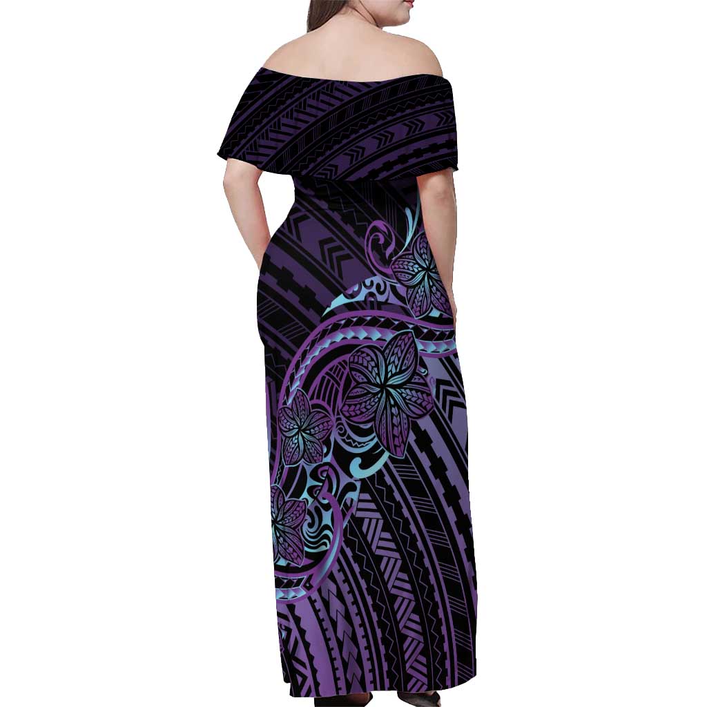 Teal Purple Polynesia Plumeria Tattoo Off Shoulder Maxi Dress