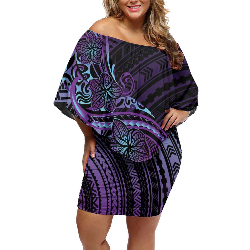 Teal Purple Polynesia Plumeria Tattoo Off Shoulder Short Dress LT14 Women Purple - Polynesian Pride