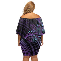 Teal Purple Polynesia Plumeria Tattoo Off Shoulder Short Dress LT14 - Polynesian Pride