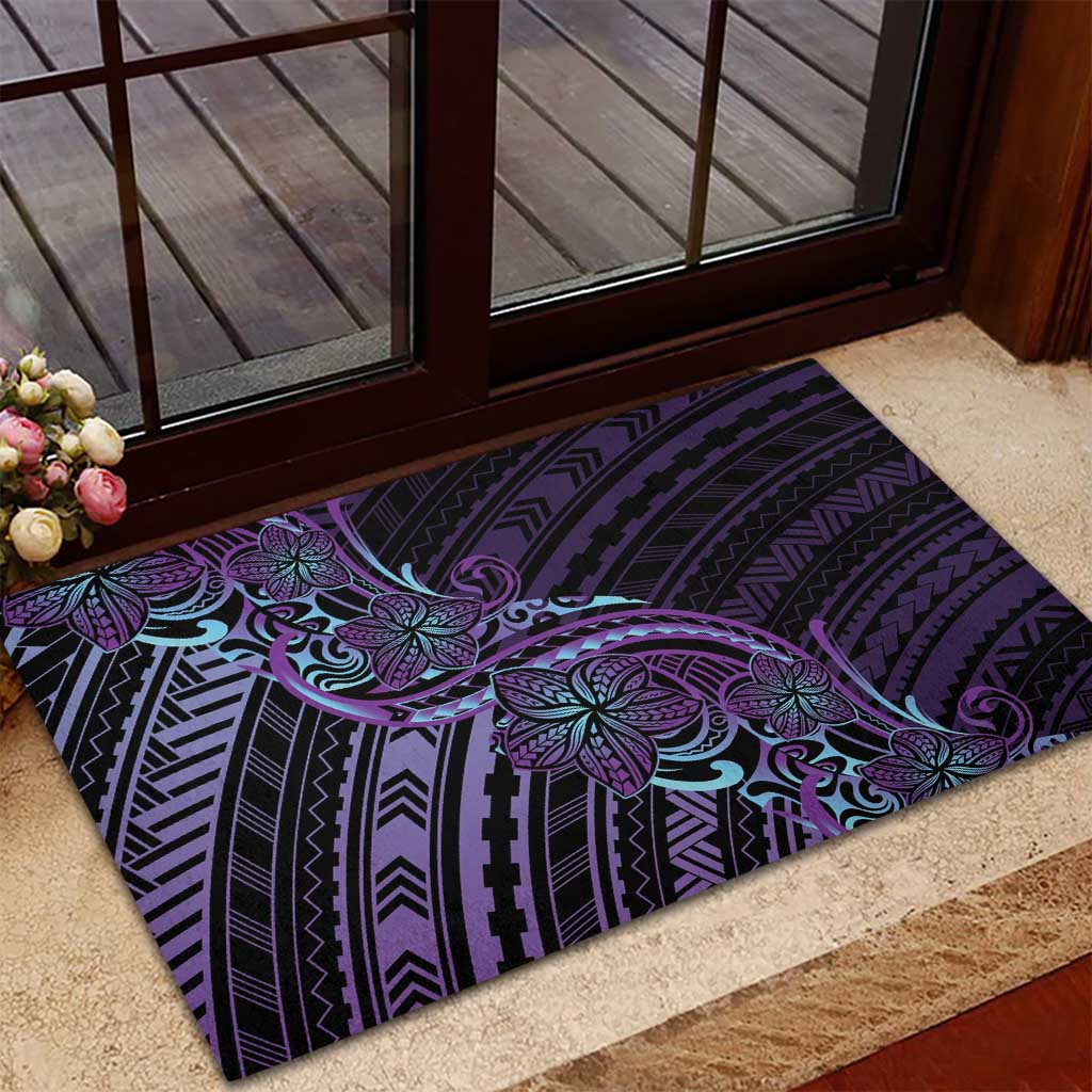 Teal Purple Polynesia Plumeria Tattoo Rubber Doormat