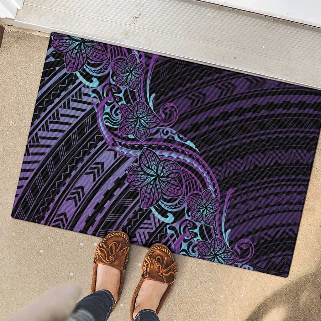 Teal Purple Polynesia Plumeria Tattoo Rubber Doormat
