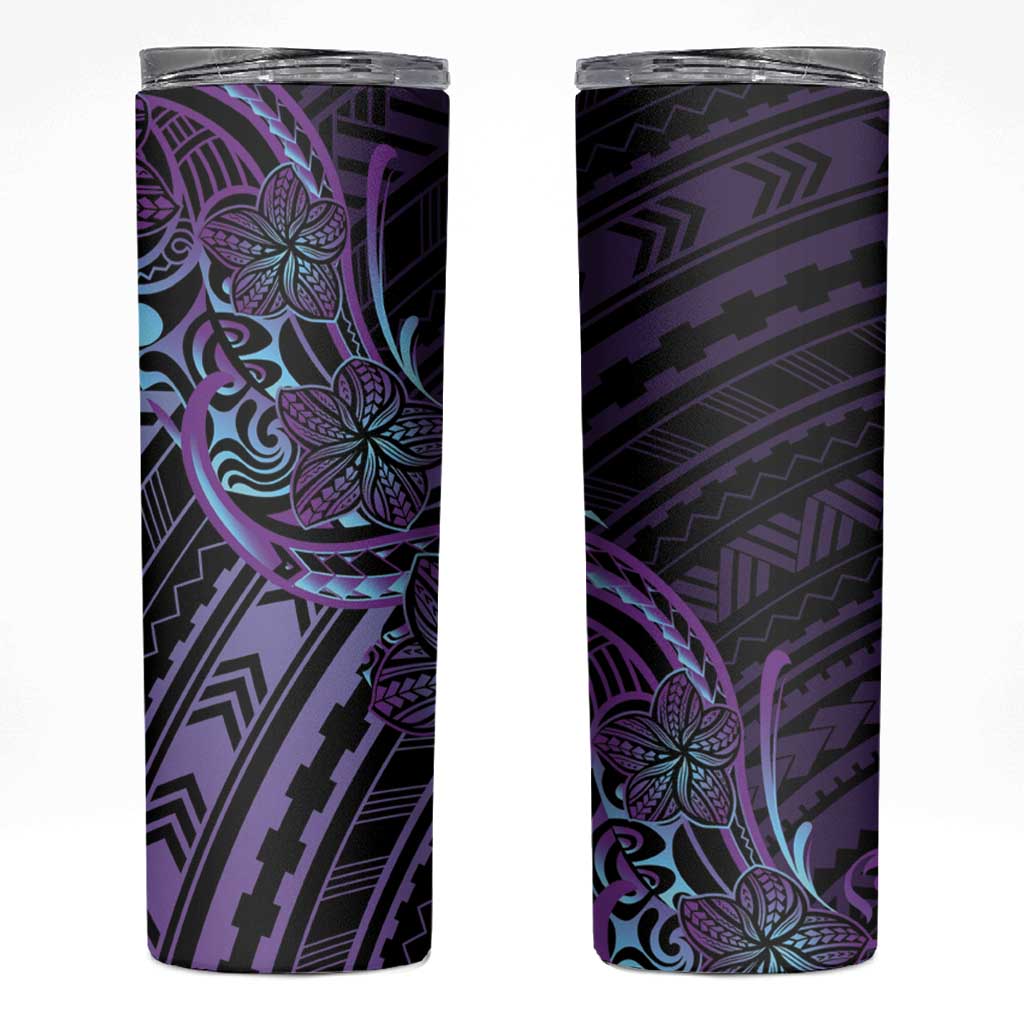 Teal Purple Polynesia Plumeria Tattoo Skinny Tumbler