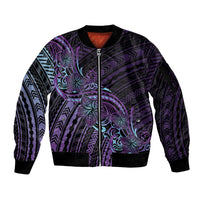 Teal Purple Polynesia Plumeria Tattoo Sleeve Zip Bomber Jacket