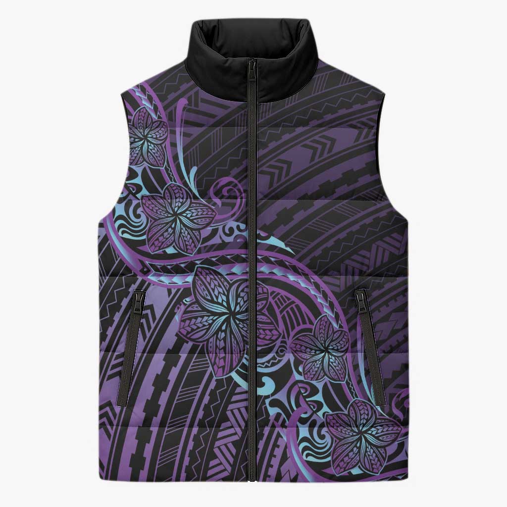 Teal Purple Polynesia Plumeria Tattoo Sleeveless Puffer Jacket