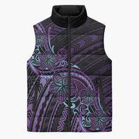 Teal Purple Polynesia Plumeria Tattoo Sleeveless Puffer Jacket