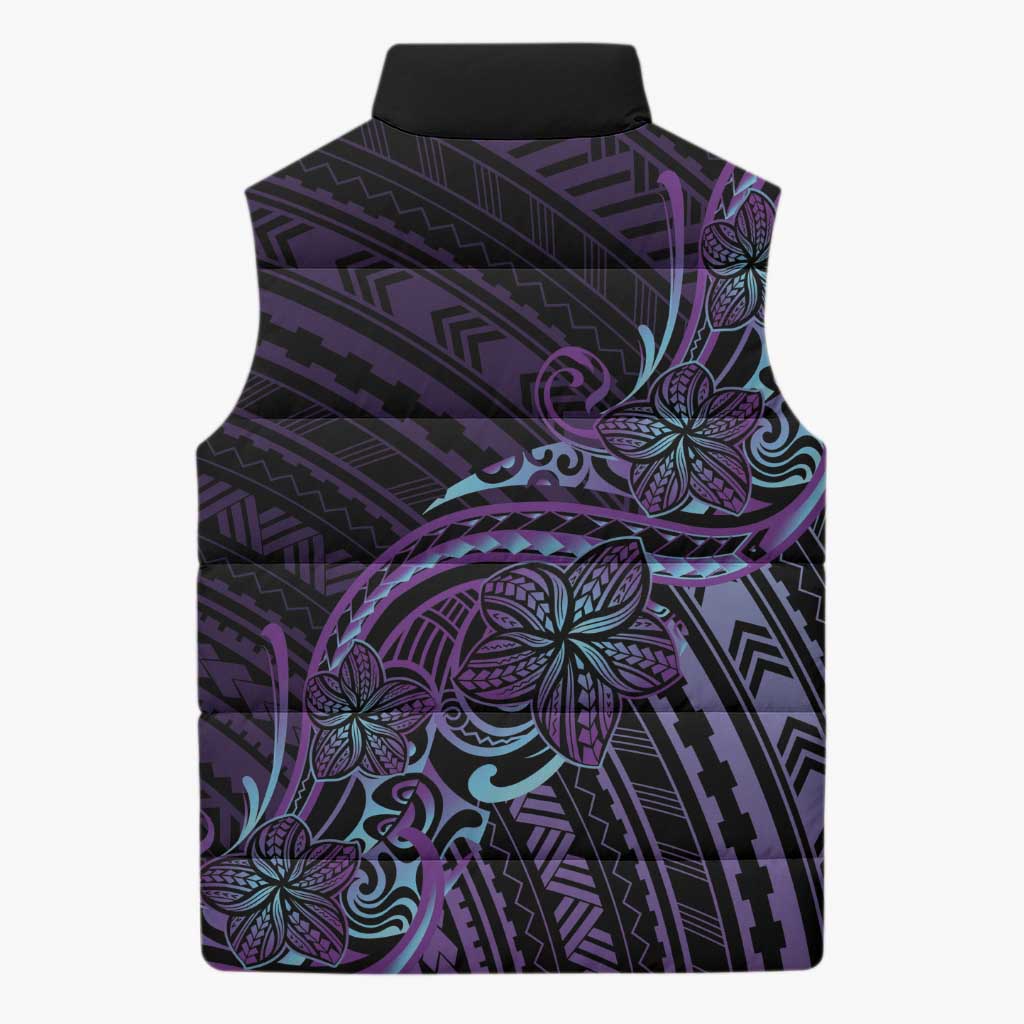 Teal Purple Polynesia Plumeria Tattoo Sleeveless Puffer Jacket