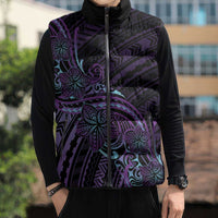 Teal Purple Polynesia Plumeria Tattoo Sleeveless Puffer Jacket