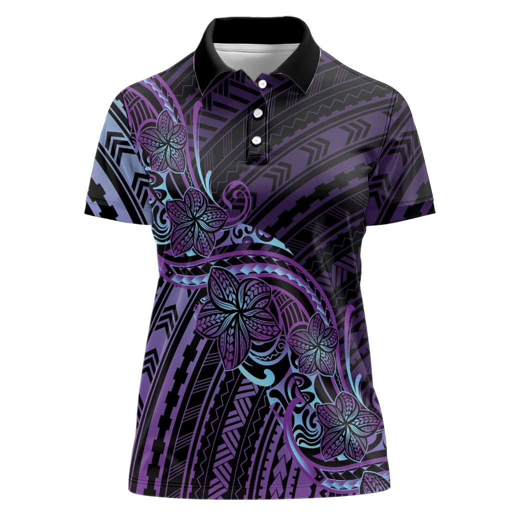 Teal Purple Polynesia Plumeria Tattoo Women Polo Shirt