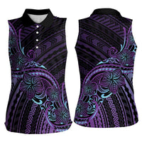 Teal Purple Polynesia Plumeria Tattoo Women Sleeveless Polo Shirt