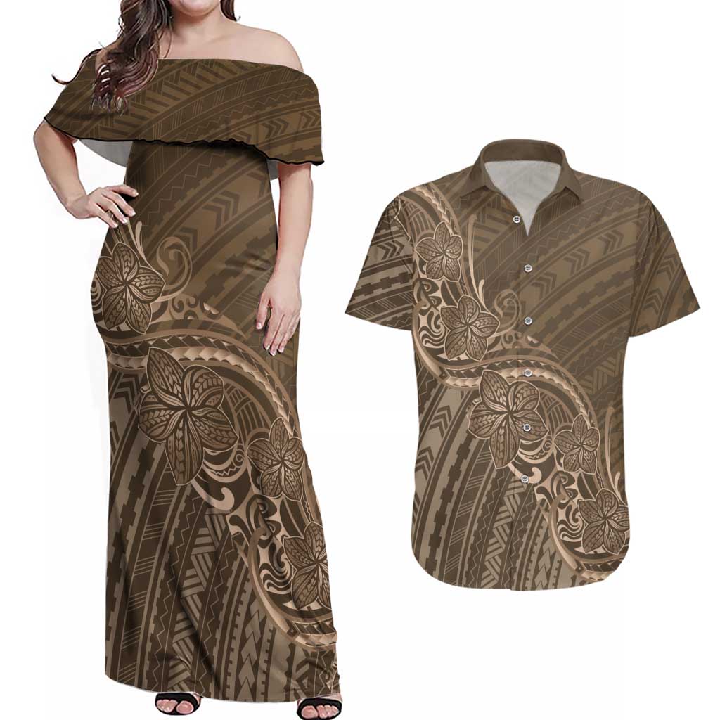 Brown Polynesia Plumeria Tattoo Couples Matching Off Shoulder Maxi Dress and Hawaiian Shirt LT14 Brown - Polynesian Pride