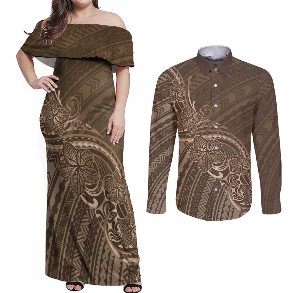 Brown Polynesia Plumeria Tattoo Couples Matching Off Shoulder Maxi Dress and Long Sleeve Button Shirt LT14 Brown - Polynesian Pride