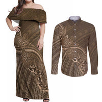 Brown Polynesia Plumeria Tattoo Couples Matching Off Shoulder Maxi Dress and Long Sleeve Button Shirt LT14 Brown - Polynesian Pride