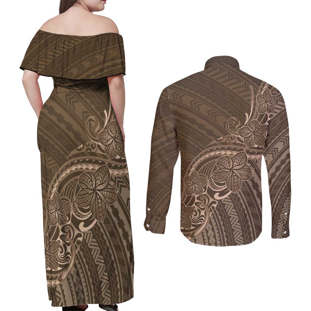 Brown Polynesia Plumeria Tattoo Couples Matching Off Shoulder Maxi Dress and Long Sleeve Button Shirt LT14 - Polynesian Pride
