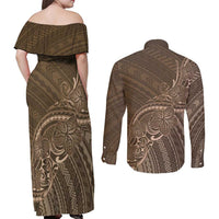 Brown Polynesia Plumeria Tattoo Couples Matching Off Shoulder Maxi Dress and Long Sleeve Button Shirt LT14 - Polynesian Pride