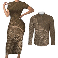 Brown Polynesia Plumeria Tattoo Couples Matching Short Sleeve Bodycon Dress and Long Sleeve Button Shirt