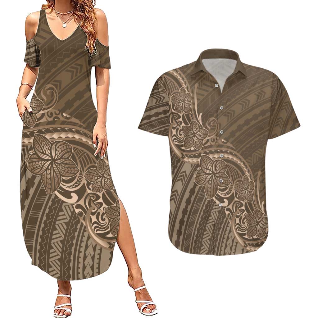 Brown Polynesia Plumeria Tattoo Couples Matching Summer Maxi Dress and Hawaiian Shirt