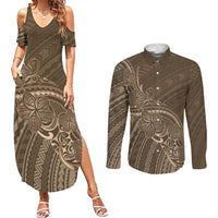 Brown Polynesia Plumeria Tattoo Couples Matching Summer Maxi Dress and Long Sleeve Button Shirt