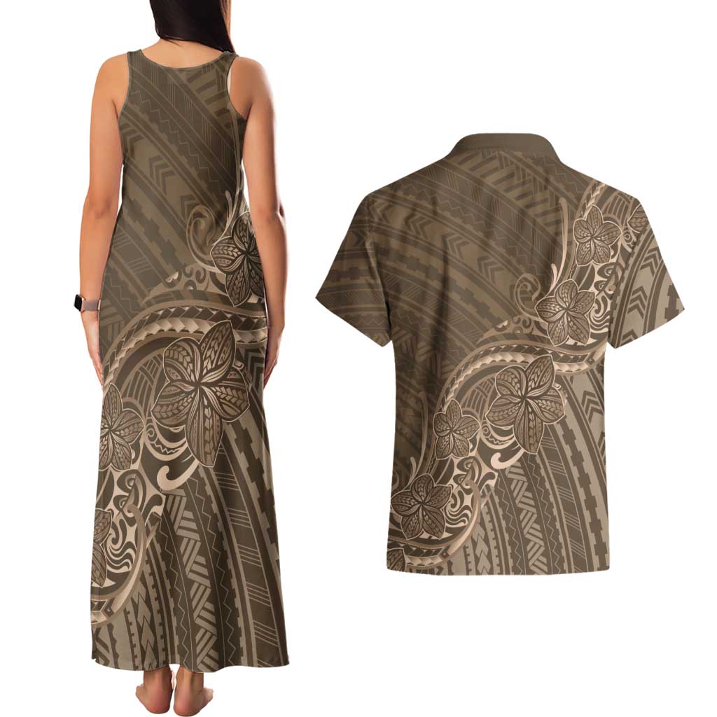 Brown Polynesia Plumeria Tattoo Couples Matching Tank Maxi Dress and Hawaiian Shirt
